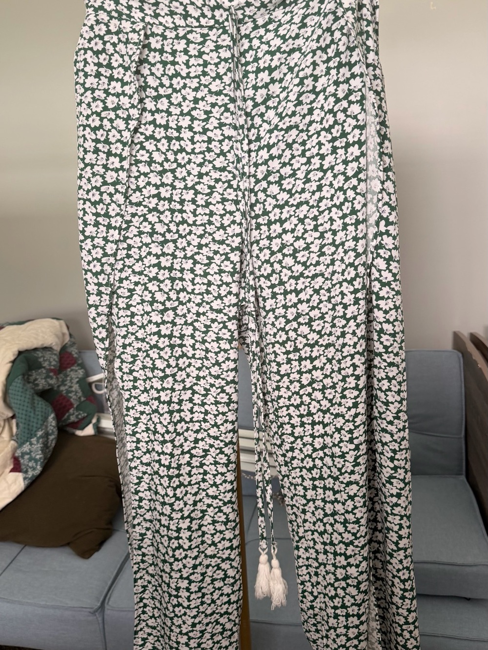 Wide Leg Green Floral Drawstring Pants